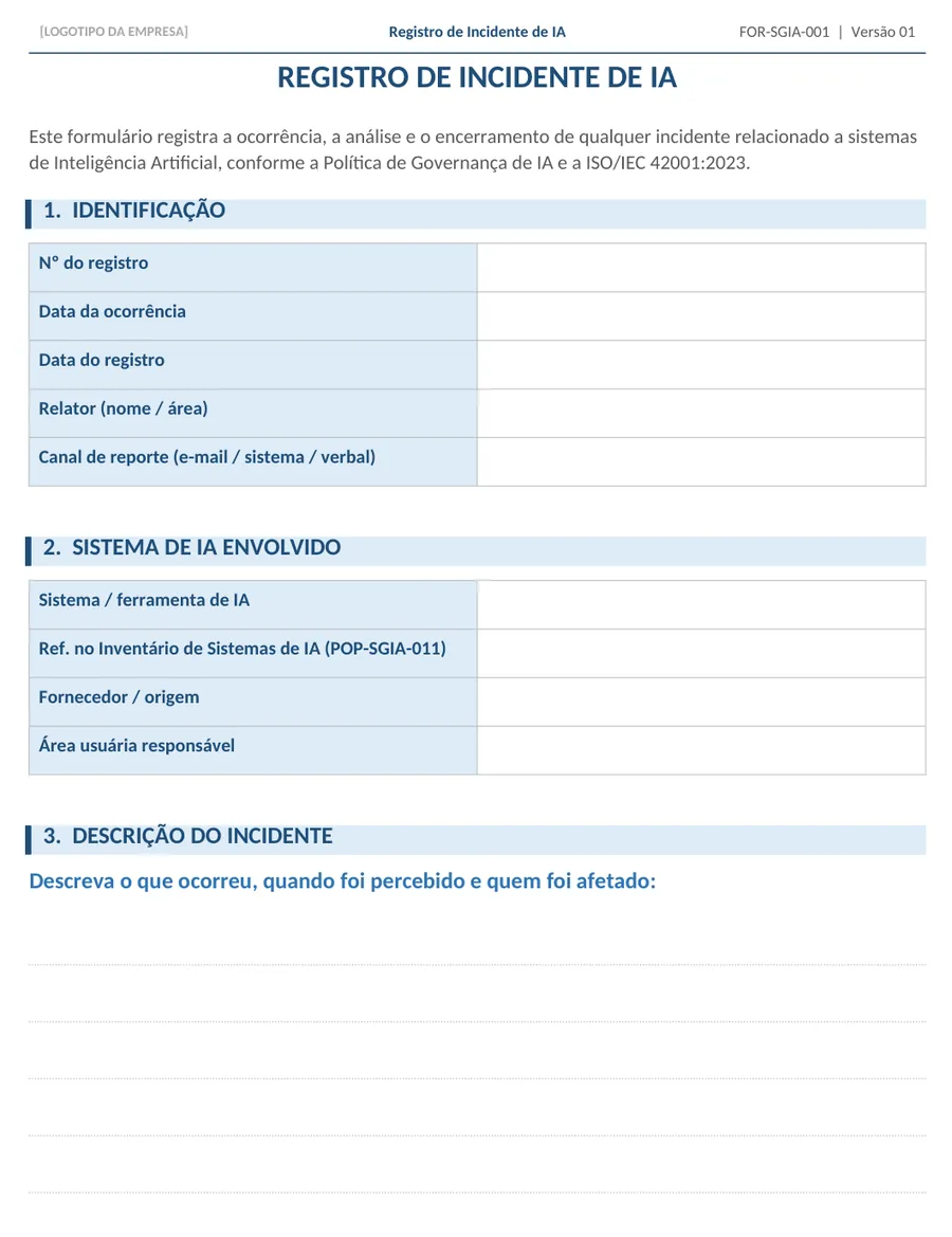 Trecho real do arquivo FOR-SGIA-001 Registro de Incidente de IA (Word)