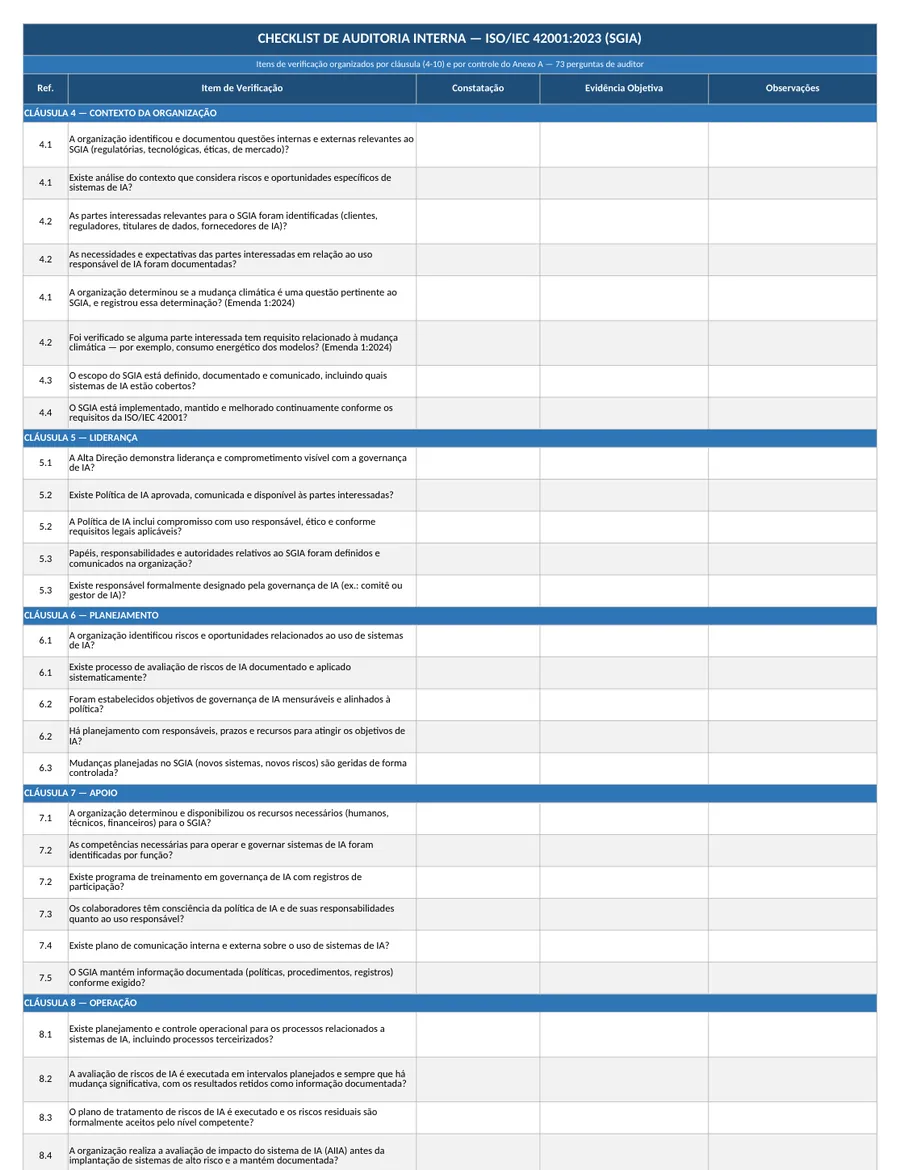 Trecho real do arquivo Checklist Auditoria Interna SGIA (Excel)